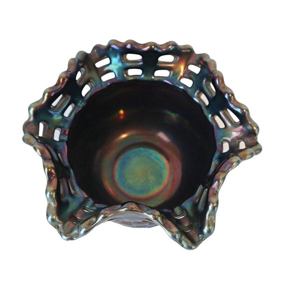 Carnival Glass Black Fenton Open Edge Ruffled Hat Vase Iridescent Carnival Glass - Picture 3 of 5